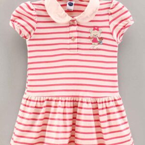 Puffed Sleeves Frock Stripes Print with Teddy Embroidery