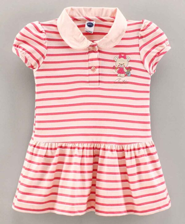 Puffed Sleeves Frock Stripes Print with Teddy Embroidery