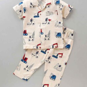 Half Sleeves Night Suit Construction Vehicle Print
