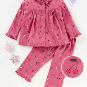 Full Sleeves Pyjama Set with Frill at Neck and Hem Cherry Print
