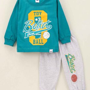 Cotton Full Sleeves Tee & Lounge Pant Set Text Print