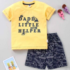 Half Sleeves T-Shirt & Shorts Set Text & Construction Vehicles Print