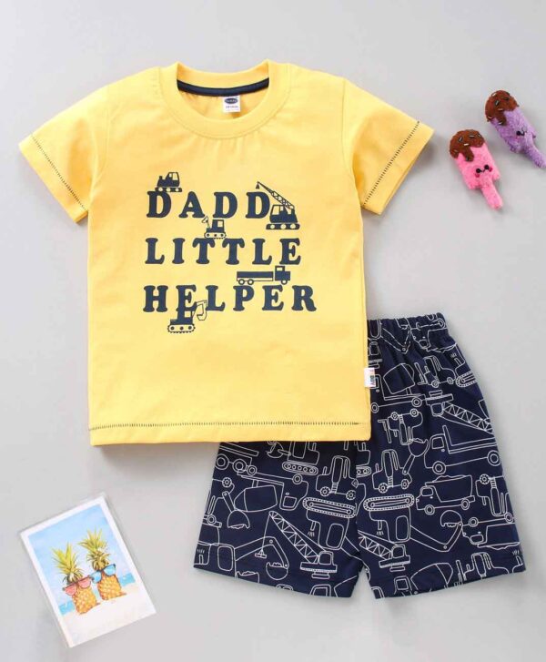 Half Sleeves T-Shirt & Shorts Set Text & Construction Vehicles Print