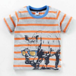 Half Sleeves Striped Tee with Rhino Print