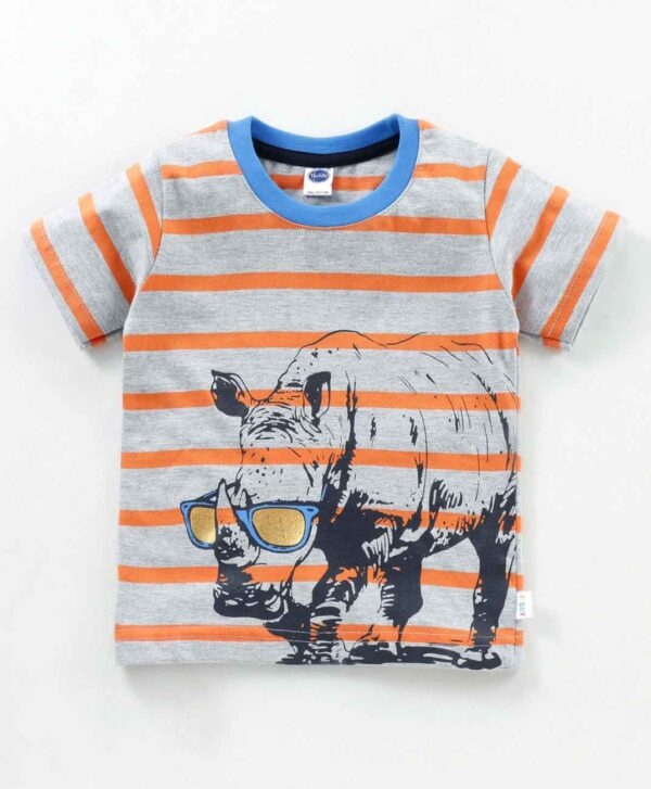 Half Sleeves Striped Tee with Rhino Print