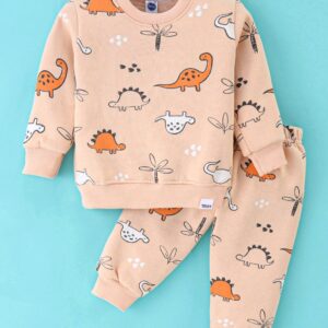 Fleece Full Sleeves Winterwear With Dino Print - Peach
