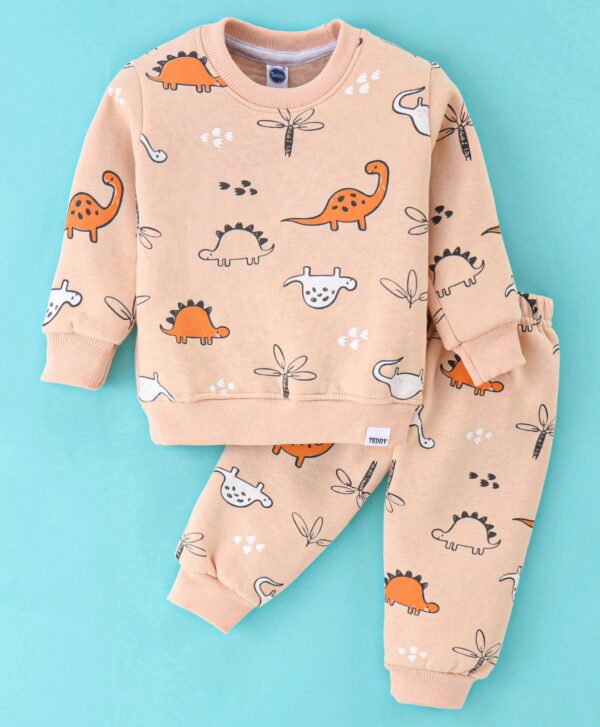 Fleece Full Sleeves Winterwear With Dino Print - Peach
