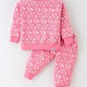 Fleece Full Sleeves Night Suit With Floral Print - Pink