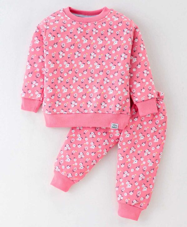 Fleece Full Sleeves Night Suit With Floral Print - Pink