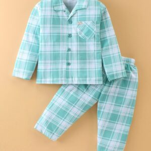Cotton Full Sleeves Checks Pyjama Set - Green