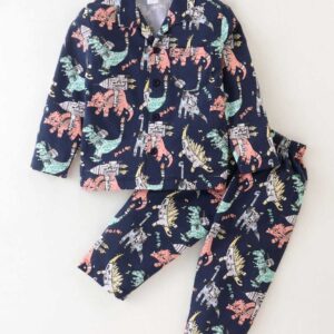 Cotton Sinker  Full Sleeves Night Suit Dino Print - Navy Blue