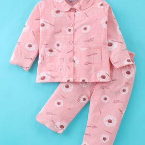 Cotton Girls Full Sleeves Flower Print Pyajama Set - Pink
