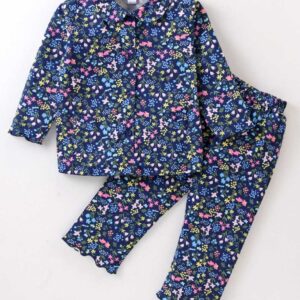 Girls Sinker Full Sleeves Night Suit With Floral Print - Navy Blue