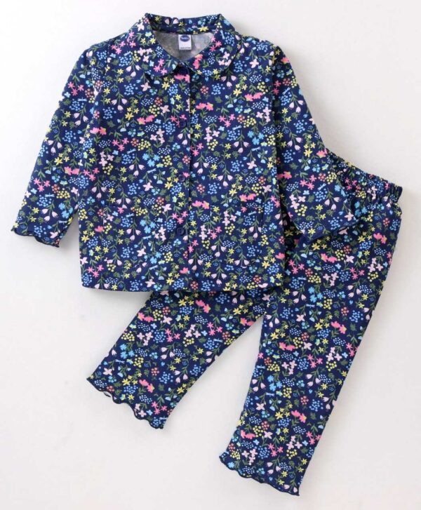 Girls Sinker Full Sleeves Night Suit With Floral Print - Navy Blue