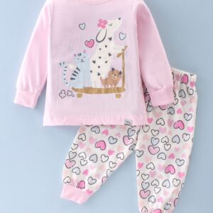 Cotton Sinker Full Sleeves Puppy & Kitty Printed Lounge Wear - Pink